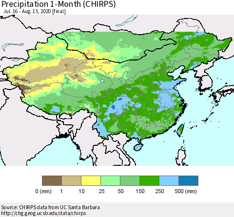 China, Mongolia and Taiwan Precipitation 1-Month (CHIRPS) Thematic Map For 7/16/2020 - 8/15/2020