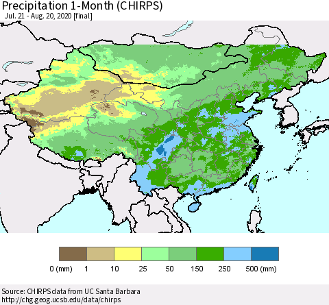 China, Mongolia and Taiwan Precipitation 1-Month (CHIRPS) Thematic Map For 7/21/2020 - 8/20/2020