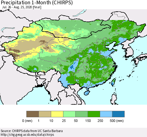 China, Mongolia and Taiwan Precipitation 1-Month (CHIRPS) Thematic Map For 7/26/2020 - 8/25/2020