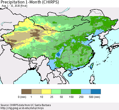 China, Mongolia and Taiwan Precipitation 1-Month (CHIRPS) Thematic Map For 8/1/2020 - 8/31/2020