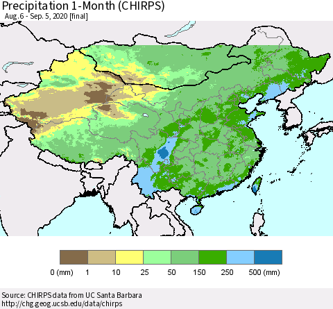 China, Mongolia and Taiwan Precipitation 1-Month (CHIRPS) Thematic Map For 8/6/2020 - 9/5/2020