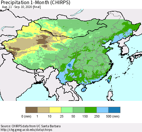 China, Mongolia and Taiwan Precipitation 1-Month (CHIRPS) Thematic Map For 8/11/2020 - 9/10/2020