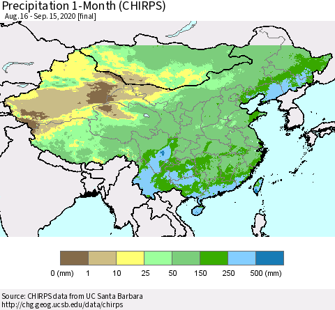 China, Mongolia and Taiwan Precipitation 1-Month (CHIRPS) Thematic Map For 8/16/2020 - 9/15/2020