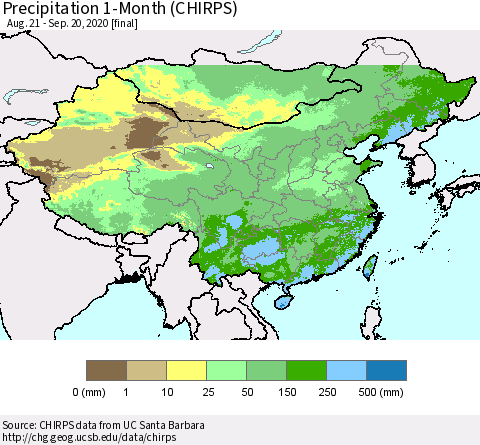 China, Mongolia and Taiwan Precipitation 1-Month (CHIRPS) Thematic Map For 8/21/2020 - 9/20/2020