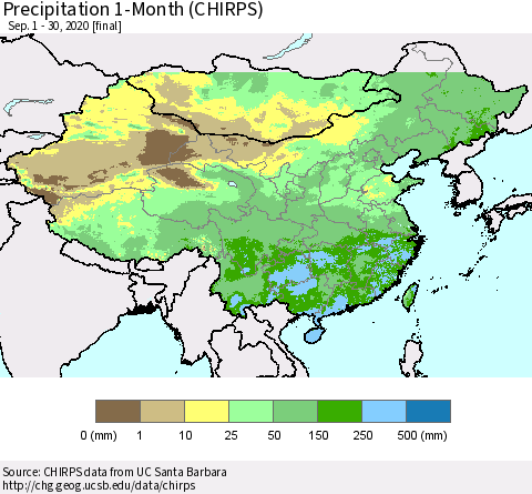 China, Mongolia and Taiwan Precipitation 1-Month (CHIRPS) Thematic Map For 9/1/2020 - 9/30/2020