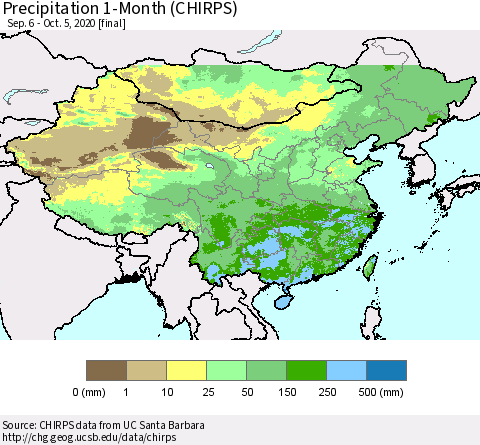 China, Mongolia and Taiwan Precipitation 1-Month (CHIRPS) Thematic Map For 9/6/2020 - 10/5/2020