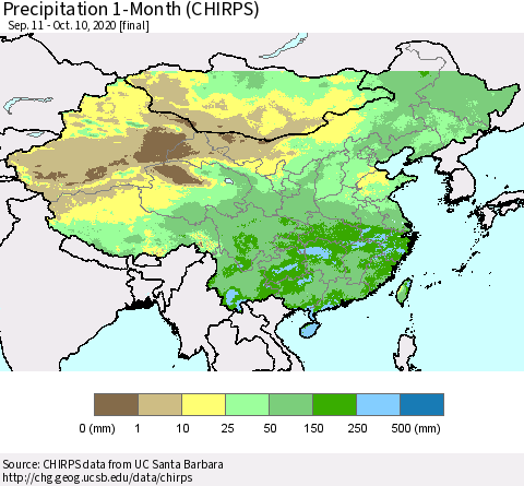 China, Mongolia and Taiwan Precipitation 1-Month (CHIRPS) Thematic Map For 9/11/2020 - 10/10/2020