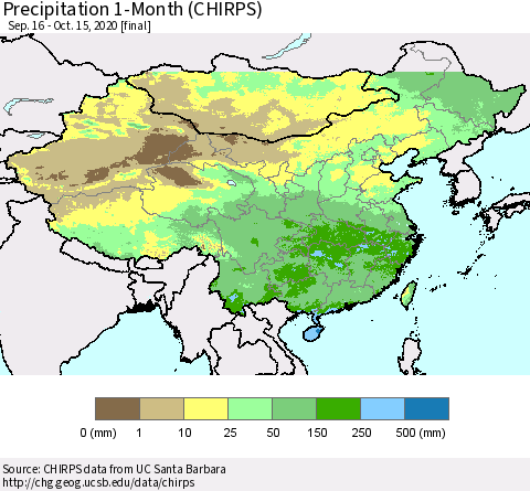 China, Mongolia and Taiwan Precipitation 1-Month (CHIRPS) Thematic Map For 9/16/2020 - 10/15/2020
