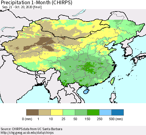China, Mongolia and Taiwan Precipitation 1-Month (CHIRPS) Thematic Map For 9/21/2020 - 10/20/2020