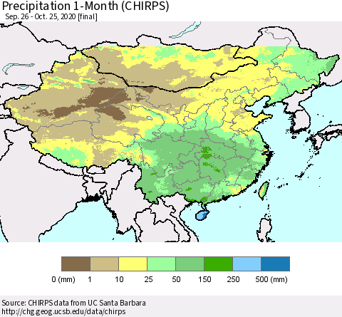 China, Mongolia and Taiwan Precipitation 1-Month (CHIRPS) Thematic Map For 9/26/2020 - 10/25/2020