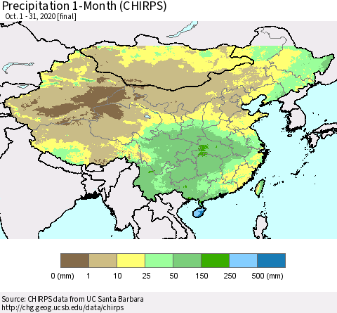 China, Mongolia and Taiwan Precipitation 1-Month (CHIRPS) Thematic Map For 10/1/2020 - 10/31/2020