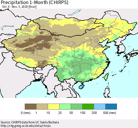 China, Mongolia and Taiwan Precipitation 1-Month (CHIRPS) Thematic Map For 10/6/2020 - 11/5/2020