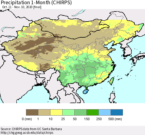China, Mongolia and Taiwan Precipitation 1-Month (CHIRPS) Thematic Map For 10/11/2020 - 11/10/2020
