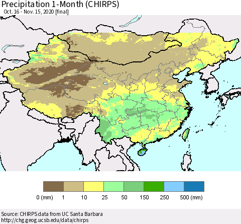 China, Mongolia and Taiwan Precipitation 1-Month (CHIRPS) Thematic Map For 10/16/2020 - 11/15/2020