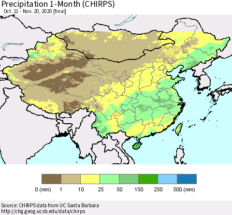 China, Mongolia and Taiwan Precipitation 1-Month (CHIRPS) Thematic Map For 10/21/2020 - 11/20/2020