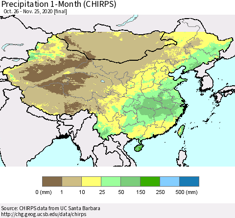 China, Mongolia and Taiwan Precipitation 1-Month (CHIRPS) Thematic Map For 10/26/2020 - 11/25/2020