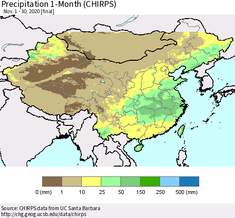China, Mongolia and Taiwan Precipitation 1-Month (CHIRPS) Thematic Map For 11/1/2020 - 11/30/2020