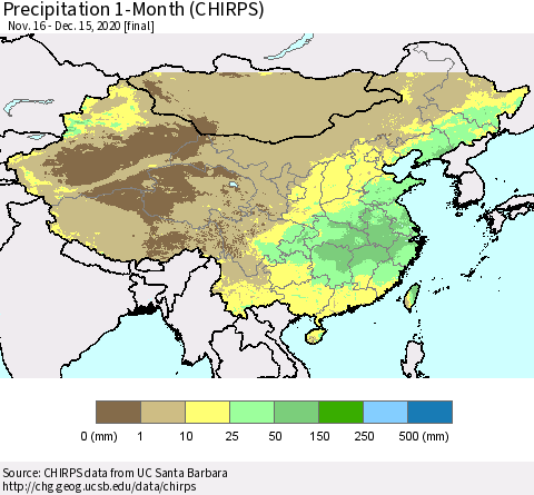 China, Mongolia and Taiwan Precipitation 1-Month (CHIRPS) Thematic Map For 11/16/2020 - 12/15/2020