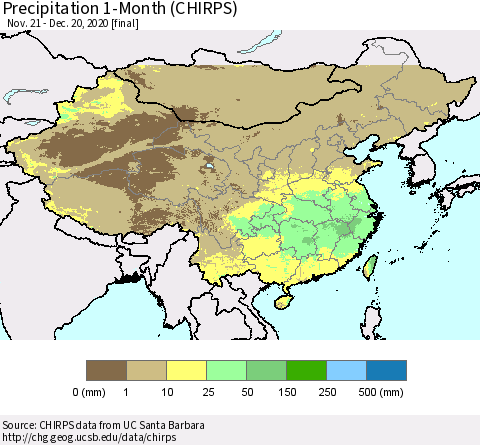 China, Mongolia and Taiwan Precipitation 1-Month (CHIRPS) Thematic Map For 11/21/2020 - 12/20/2020