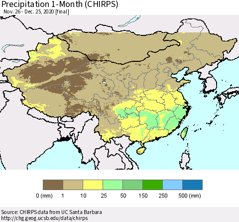 China, Mongolia and Taiwan Precipitation 1-Month (CHIRPS) Thematic Map For 11/26/2020 - 12/25/2020