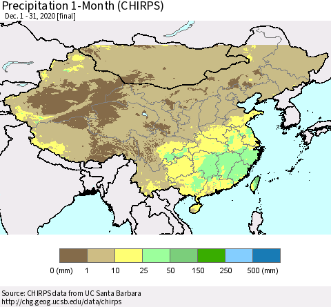 China, Mongolia and Taiwan Precipitation 1-Month (CHIRPS) Thematic Map For 12/1/2020 - 12/31/2020