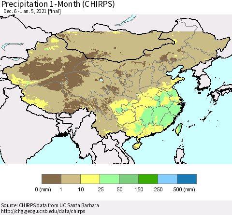 China, Mongolia and Taiwan Precipitation 1-Month (CHIRPS) Thematic Map For 12/6/2020 - 1/5/2021