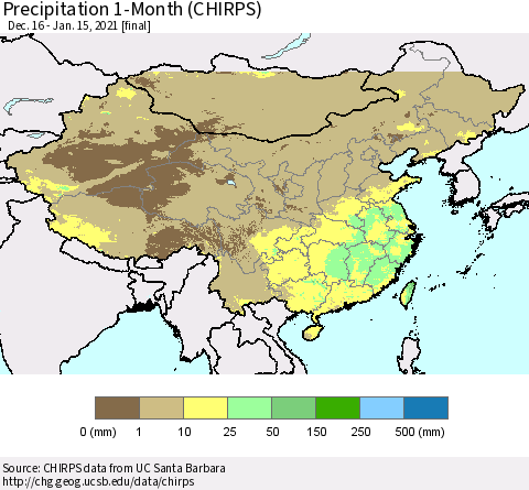 China, Mongolia and Taiwan Precipitation 1-Month (CHIRPS) Thematic Map For 12/16/2020 - 1/15/2021