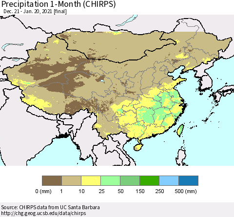 China, Mongolia and Taiwan Precipitation 1-Month (CHIRPS) Thematic Map For 12/21/2020 - 1/20/2021