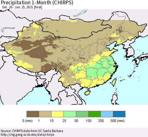 China, Mongolia and Taiwan Precipitation 1-Month (CHIRPS) Thematic Map For 12/26/2020 - 1/25/2021