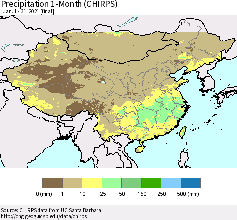 China, Mongolia and Taiwan Precipitation 1-Month (CHIRPS) Thematic Map For 1/1/2021 - 1/31/2021