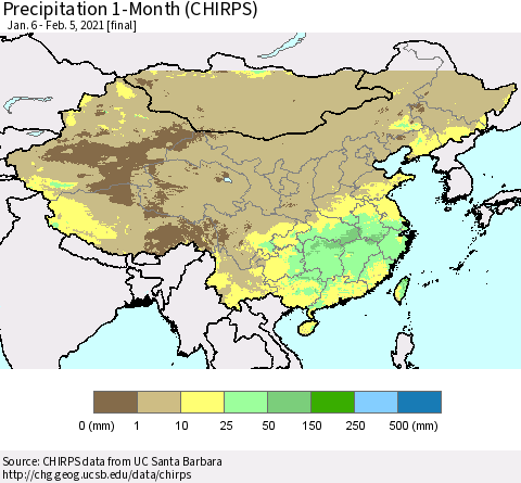 China, Mongolia and Taiwan Precipitation 1-Month (CHIRPS) Thematic Map For 1/6/2021 - 2/5/2021