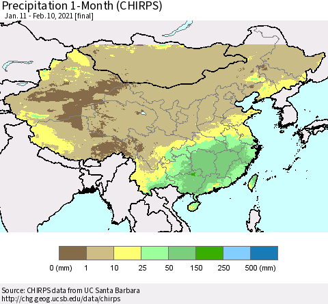 China, Mongolia and Taiwan Precipitation 1-Month (CHIRPS) Thematic Map For 1/11/2021 - 2/10/2021