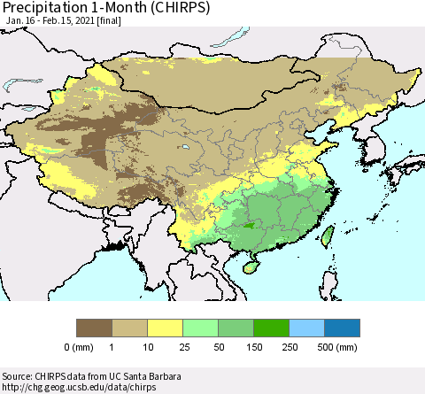 China, Mongolia and Taiwan Precipitation 1-Month (CHIRPS) Thematic Map For 1/16/2021 - 2/15/2021