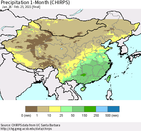 China, Mongolia and Taiwan Precipitation 1-Month (CHIRPS) Thematic Map For 1/26/2021 - 2/25/2021