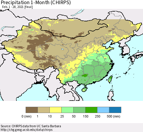 China, Mongolia and Taiwan Precipitation 1-Month (CHIRPS) Thematic Map For 2/1/2021 - 2/28/2021