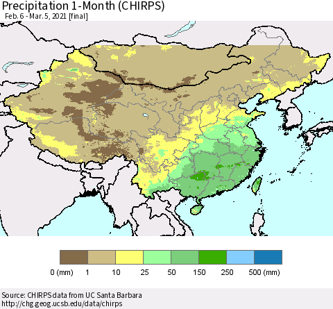 China, Mongolia and Taiwan Precipitation 1-Month (CHIRPS) Thematic Map For 2/6/2021 - 3/5/2021