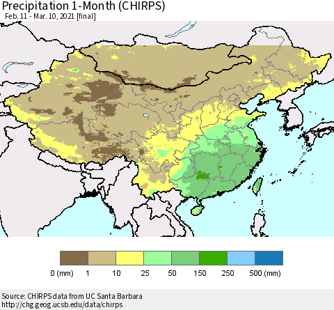 China, Mongolia and Taiwan Precipitation 1-Month (CHIRPS) Thematic Map For 2/11/2021 - 3/10/2021