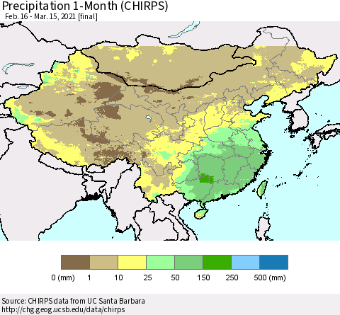 China, Mongolia and Taiwan Precipitation 1-Month (CHIRPS) Thematic Map For 2/16/2021 - 3/15/2021