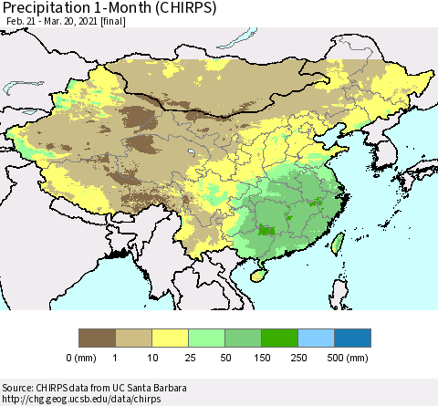 China, Mongolia and Taiwan Precipitation 1-Month (CHIRPS) Thematic Map For 2/21/2021 - 3/20/2021