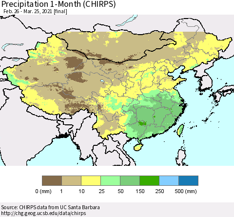 China, Mongolia and Taiwan Precipitation 1-Month (CHIRPS) Thematic Map For 2/26/2021 - 3/25/2021