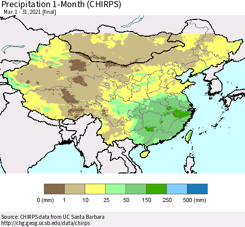 China, Mongolia and Taiwan Precipitation 1-Month (CHIRPS) Thematic Map For 3/1/2021 - 3/31/2021