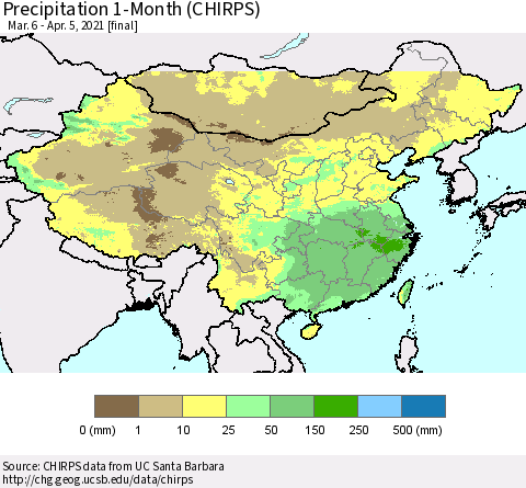 China, Mongolia and Taiwan Precipitation 1-Month (CHIRPS) Thematic Map For 3/6/2021 - 4/5/2021