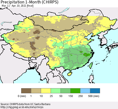 China, Mongolia and Taiwan Precipitation 1-Month (CHIRPS) Thematic Map For 3/11/2021 - 4/10/2021