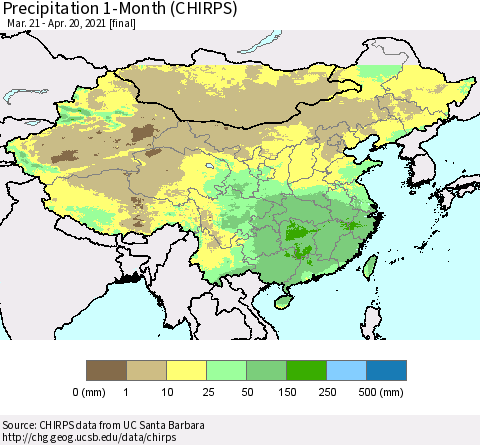 China, Mongolia and Taiwan Precipitation 1-Month (CHIRPS) Thematic Map For 3/21/2021 - 4/20/2021