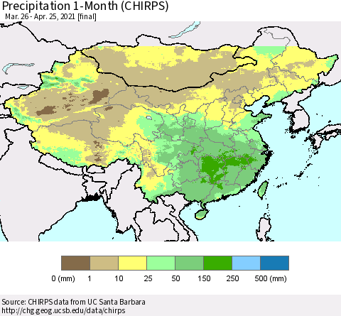 China, Mongolia and Taiwan Precipitation 1-Month (CHIRPS) Thematic Map For 3/26/2021 - 4/25/2021
