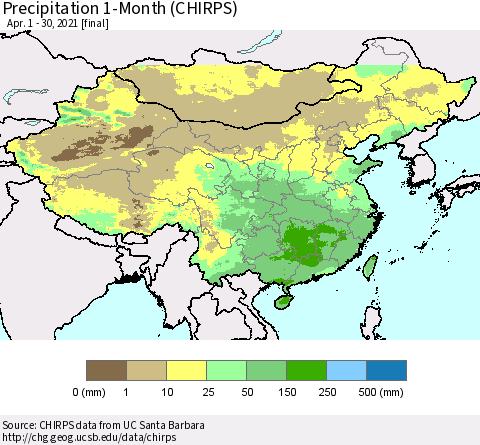 China, Mongolia and Taiwan Precipitation 1-Month (CHIRPS) Thematic Map For 4/1/2021 - 4/30/2021