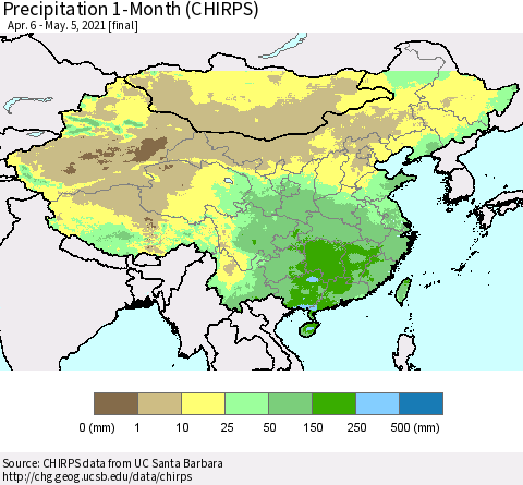 China, Mongolia and Taiwan Precipitation 1-Month (CHIRPS) Thematic Map For 4/6/2021 - 5/5/2021