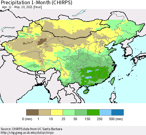 China, Mongolia and Taiwan Precipitation 1-Month (CHIRPS) Thematic Map For 4/11/2021 - 5/10/2021