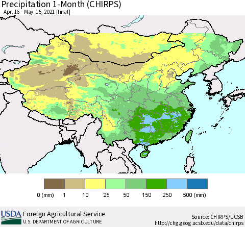 China, Mongolia and Taiwan Precipitation 1-Month (CHIRPS) Thematic Map For 4/16/2021 - 5/15/2021