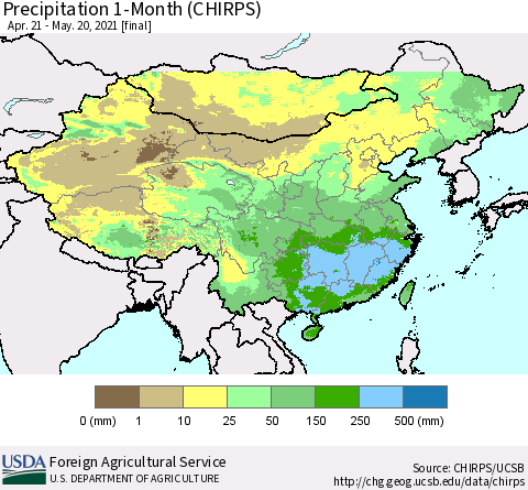China, Mongolia and Taiwan Precipitation 1-Month (CHIRPS) Thematic Map For 4/21/2021 - 5/20/2021